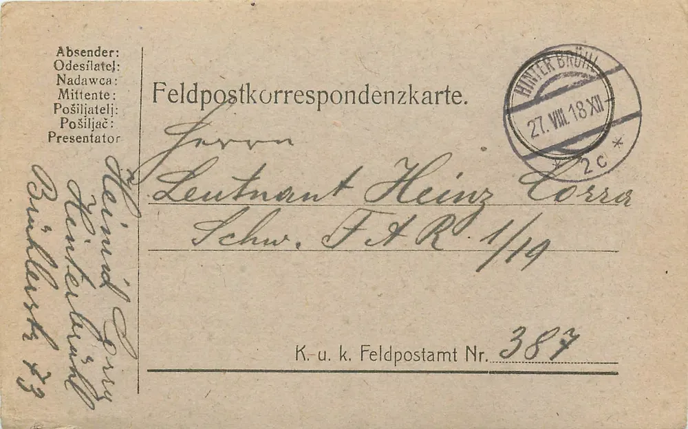 Brünn — Feldpostkarte da Primeira Guerra Mundial — Feldpostamt Nr. 387 - Frente