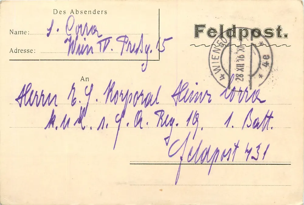 군용 우표 — 위니우스 Feldpost — 28 XII 16 - 앞면