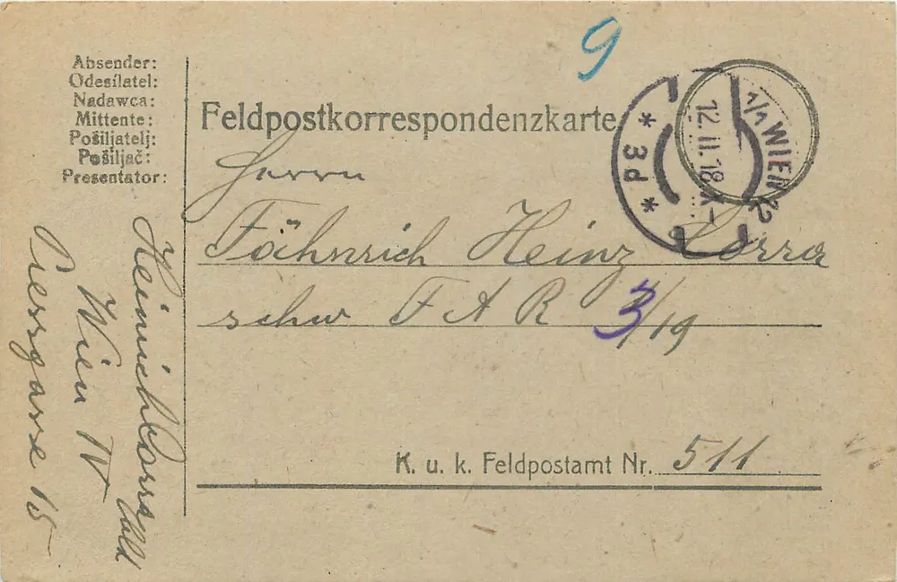 Moderne ansichtkaart Feldpostkorrespondenzkarte — Feldpost van de 3e leger — K.u.k. Feldpostamt Nr. 511, Wenen - Voorkant