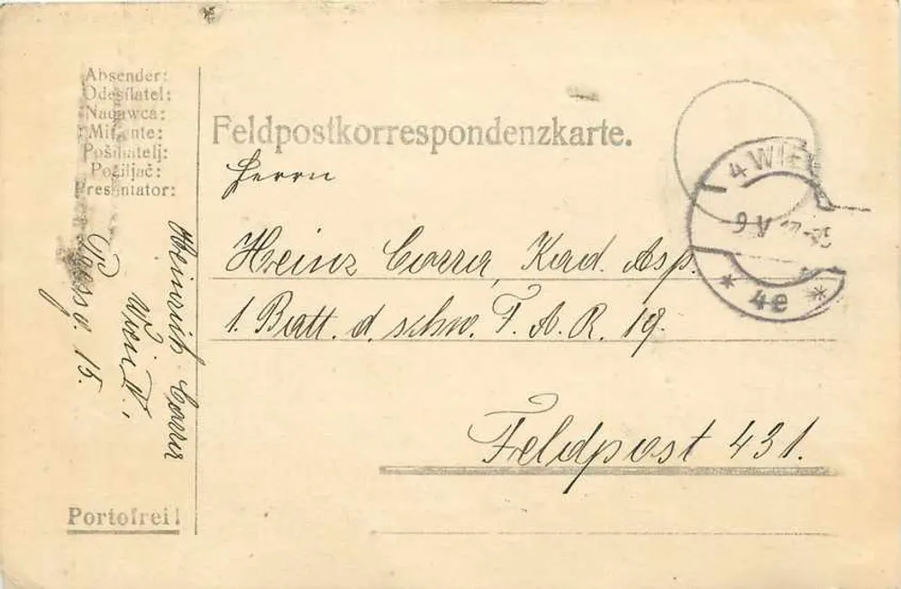 Carta postal de Feldpost — Feldpost 431 — Wiener Neustadt, 9 de abril de 1917 - Frente