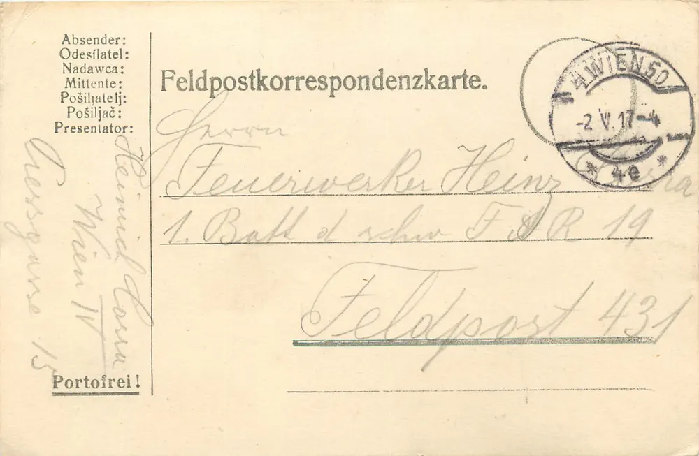 Carta de correspondência militar — Feldpost 431 — HINTENSO — datada 2 V 17 - Frente