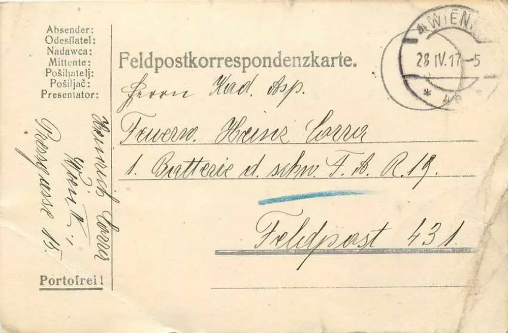 Carta de correio de campo — Feldpost 431 — Viena, 28 IV.17 - Frente