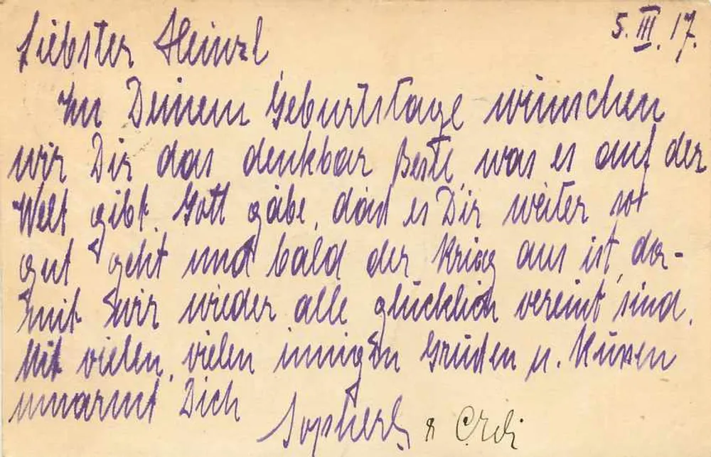 Carta postal de Feldpost — Feldpostkorrespondenzkarte — datada 5. III. 17 — destinada a Herrn Rad. Ost. Reg. 1/19 — Feldpost 431 — com selo e carimbo de Vien 50 - Verso
