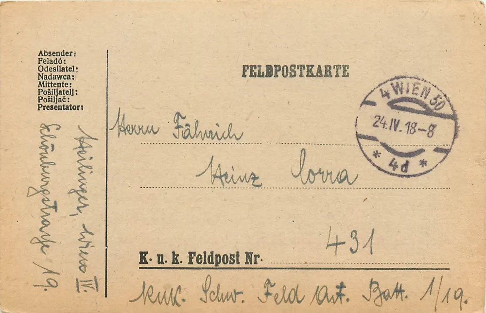 Military Postcard — Vienna 30 — dated 24.IV.18-8 — K.u.k. Military Post No. 431 - Front