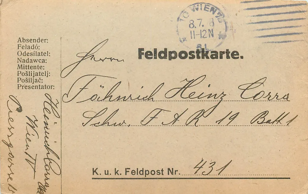 Militaire ansichtkaart — Feldpost Nr. 431 — uitgever K.u.k. Feldpost - Voorkant
