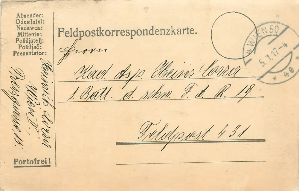 Antieke ansichtkaart Feldpost — Wenen, 5.1.17 — bestemd voor Odessa - Voorkant