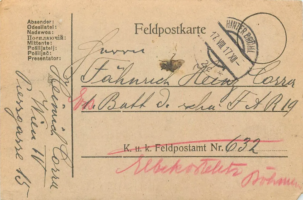 Carta postal de Feldpost — Hinter Brail — datada 17.VIII.17XX — Feldpostamt Nr. 632 - Frente
