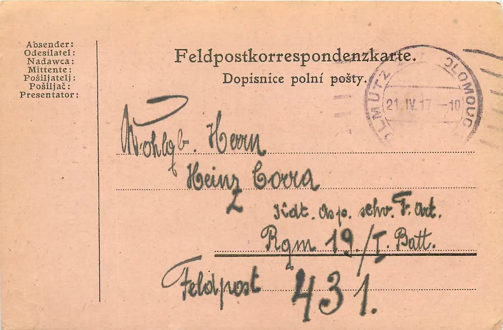 Correspondência militar — Feldpost — Clomouc, 21 de abril de 1917 — Feldpost 431 - Frente