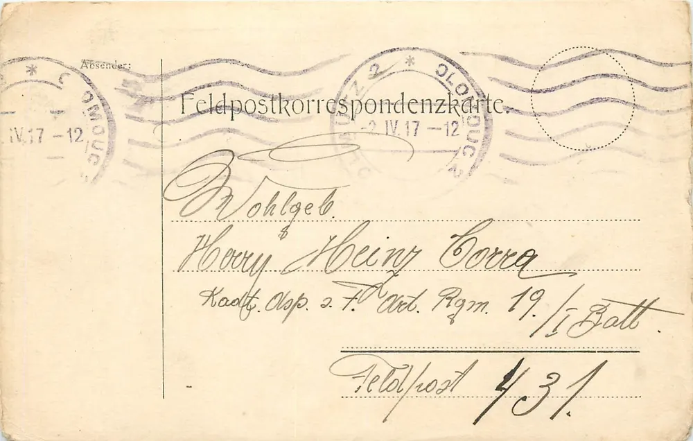 Carta postal de campo militar — Glo Duc — Feldpostkorrespondenzkarte — datada 2 IV 17 - Frente