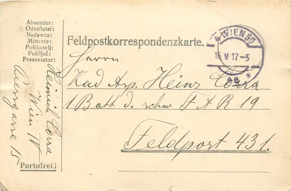 Military Feldpost postcard — Feldpostkorrespondenzkarte — sent from Vienna in 1917 - Front
