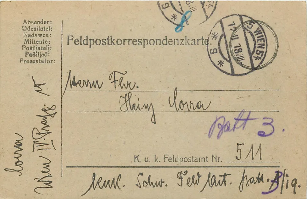 Viena — Carta de correspondência militar da Feldpost do 3º batalhão — Feldpostamt Nr. 511 - Frente