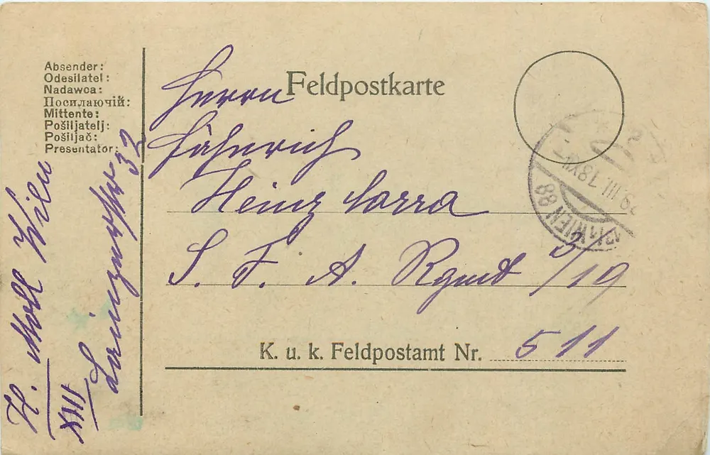 Military Postcard — Feldpostkarte — sent from Feldpost No. 511 to Odesa, dated 28/10/1918 - Front