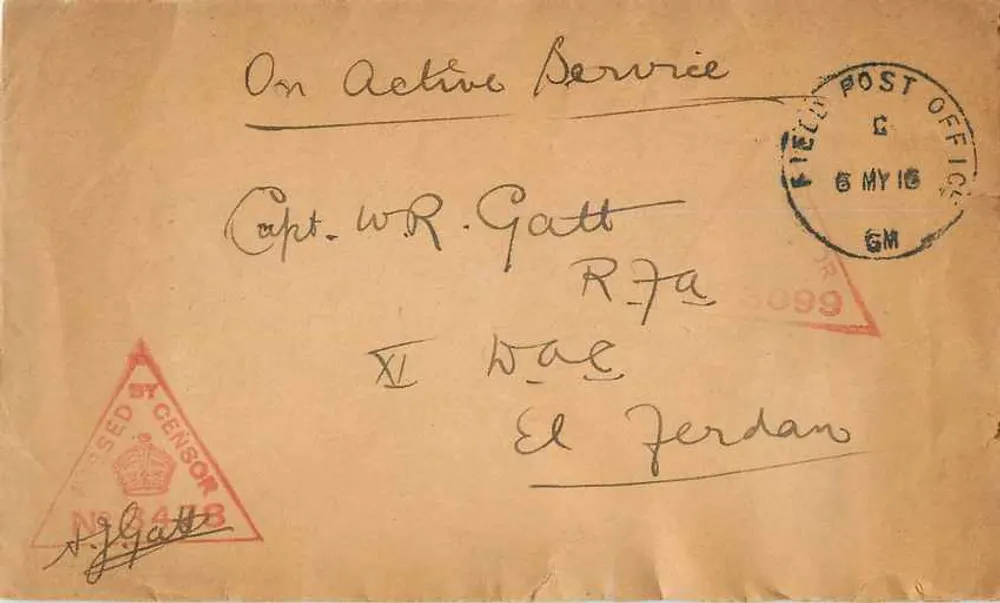 El Ferdan — Carta censurada para um oficial britânico — Field Post Office, Gizeh, 16 de maio de 1916 - Frente