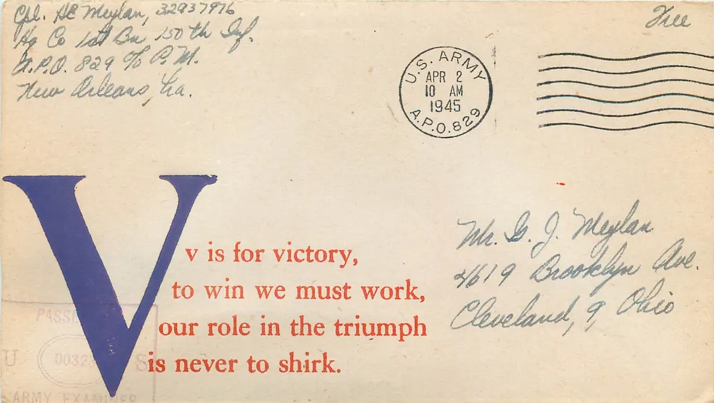 V voor de overwinning — oorlogsboodschap — U.S. Army A.P.O. 829 - Voorkant