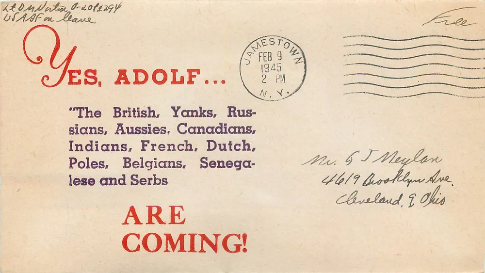 Militärbildkarte — USAF unterwegs — JAMESTOWN, N.Y. — 9. FEBRUAR 1945 - Vorderseite