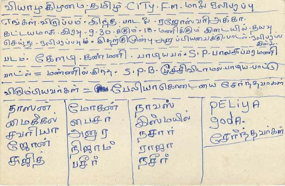Programa de rádio em Peliya goda — Sri Lanka — editor desconhecido, número de série não visível - Verso
