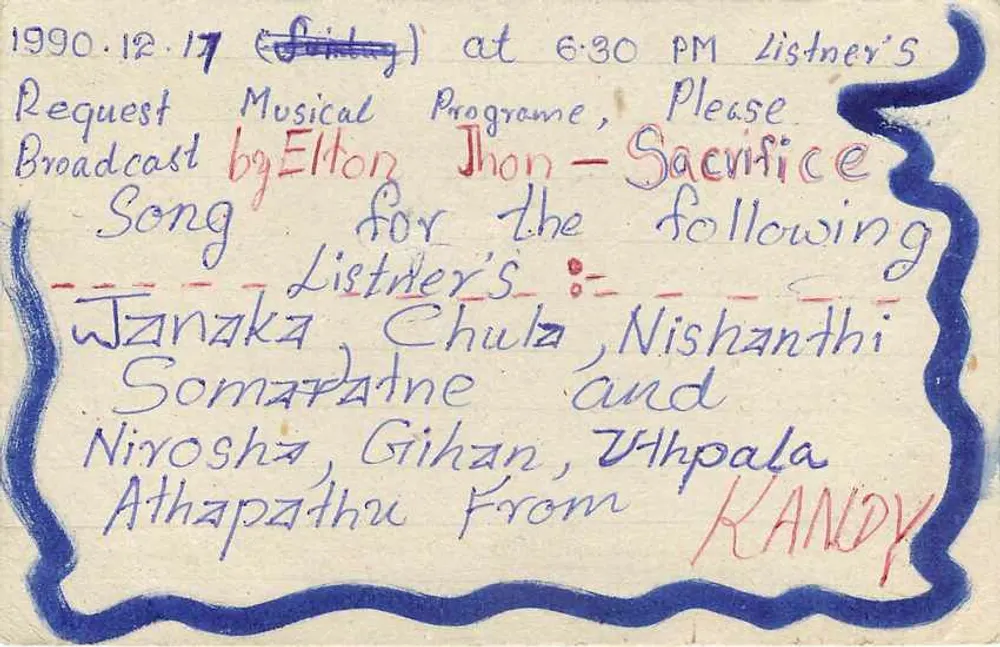 Carta postal Sri Lanka — solicitação de difusão musical — editor S.L.B.C. Colombo - Verso