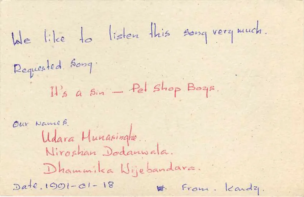 Carta postal Sri Lanka — solicitação de música — editor desconhecido - Verso