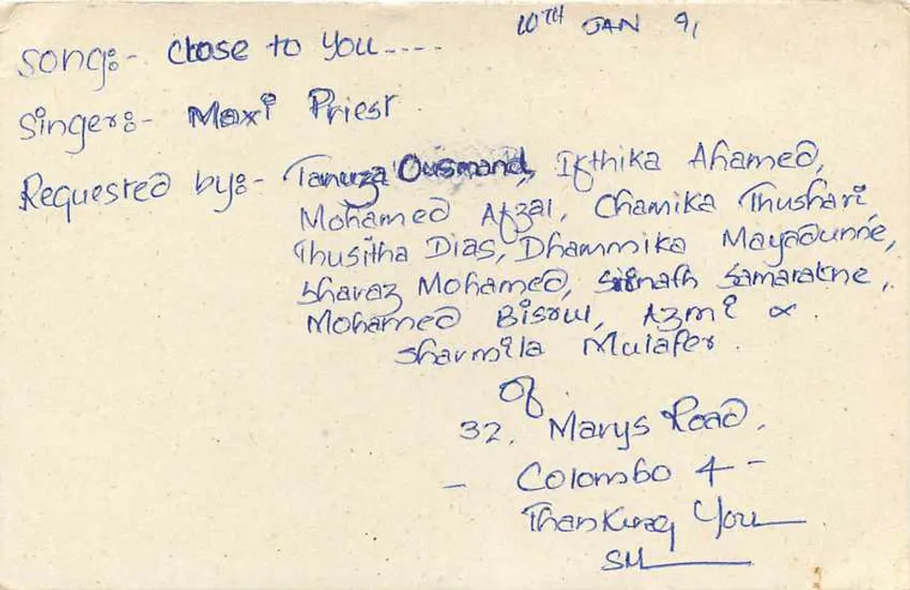 Sri Lanka — Carta postal de solicitações de músicas — editor desconhecido, número de série não visível - Verso