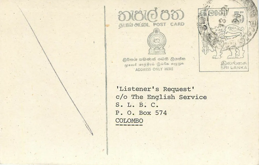 Carta postal do Sri Lanka — 'Listener's Request' — editor S.L.B.C. n° 574 - Frente