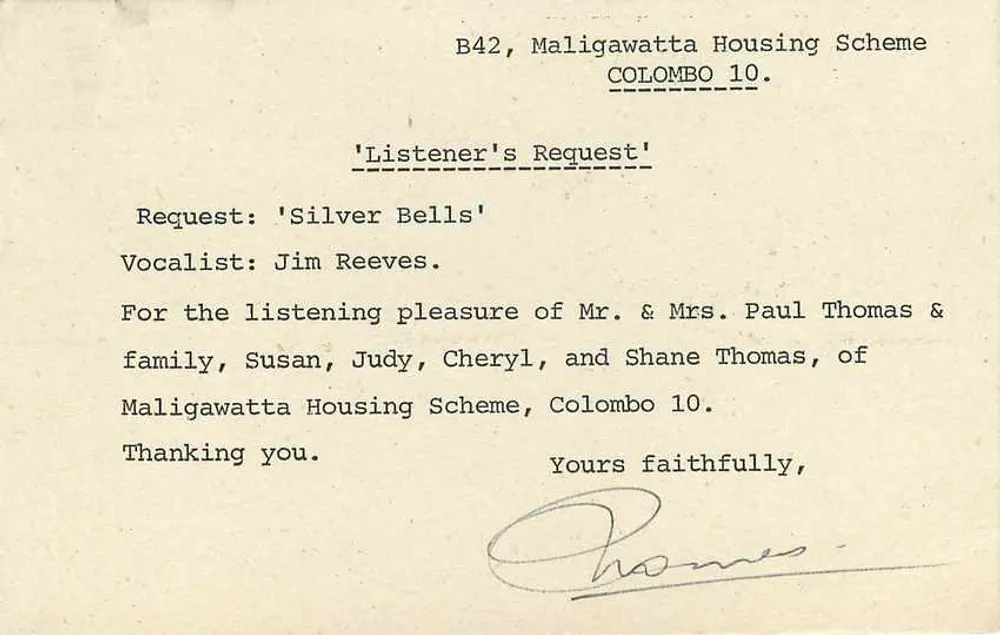 Carta postal do Sri Lanka — 'Listener's Request' — editor S.L.B.C. n° 574 - Verso