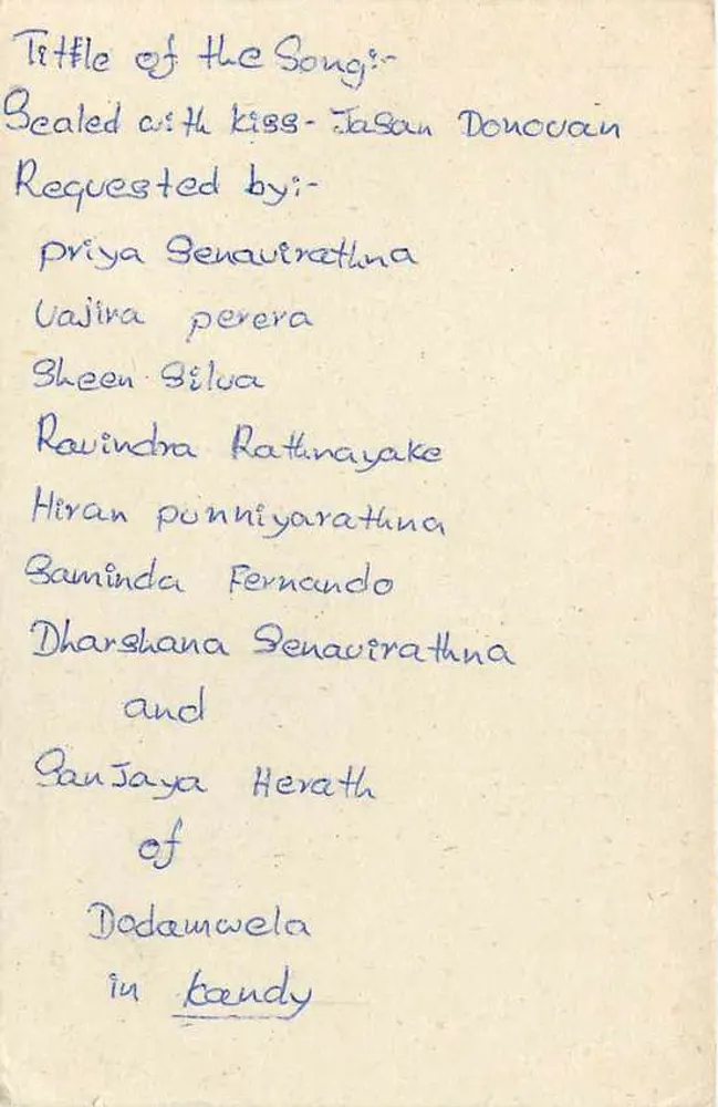 Carta postal Sri Lanka — pedido de músicas — editor desconhecido - Verso