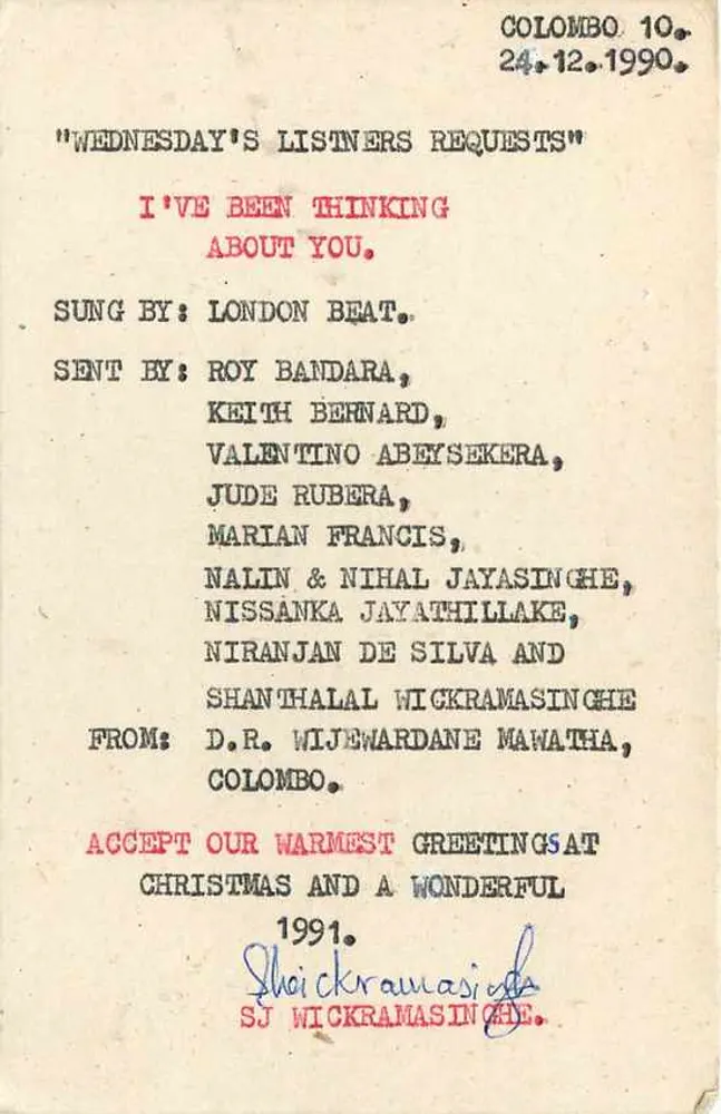 Carta postal do Sri Lanka — 'Wednesday's Listeners Requests' — editada pela S.L.B.C. (Sri Lanka Broadcasting Corporation) - Verso