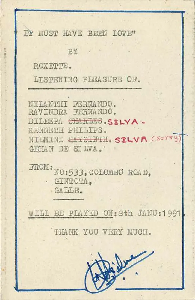 Canção 'If Must Have Been Love' — Roxette — Gintota, Sri Lanka — editor desconhecido - Verso