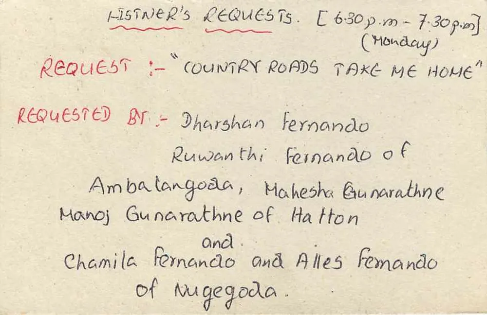 Sri Lanka Broadcasting — Lista de solicitudes de canciones — editor Sri Lanka Post - Reverso