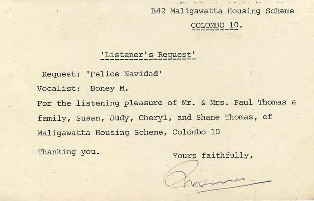 Carta postal de Colombo — 'Listener's Request' — Serviço inglês, Sri Lanka - Verso
