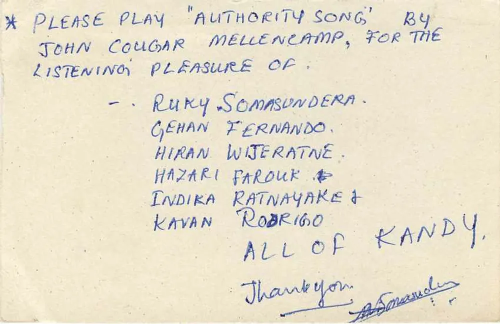 Kandy — solicitação de música — Sri Lanka Post Card - Verso