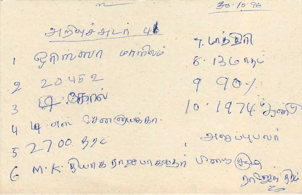 Carta postal Sri Lanka — selo de 75 centavos de lion — endereço manuscrito em tâmil - Verso