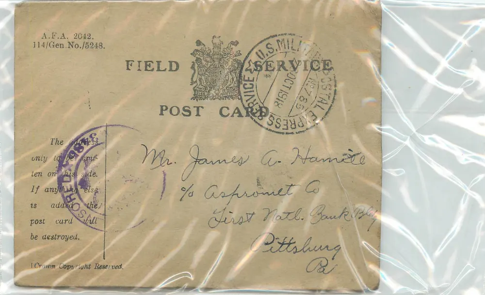 Carte postale militaire américaine — U.S. Military Postal Service — destinée à Mr. James A. Hamiele à Pittsburgh, PA - Recto