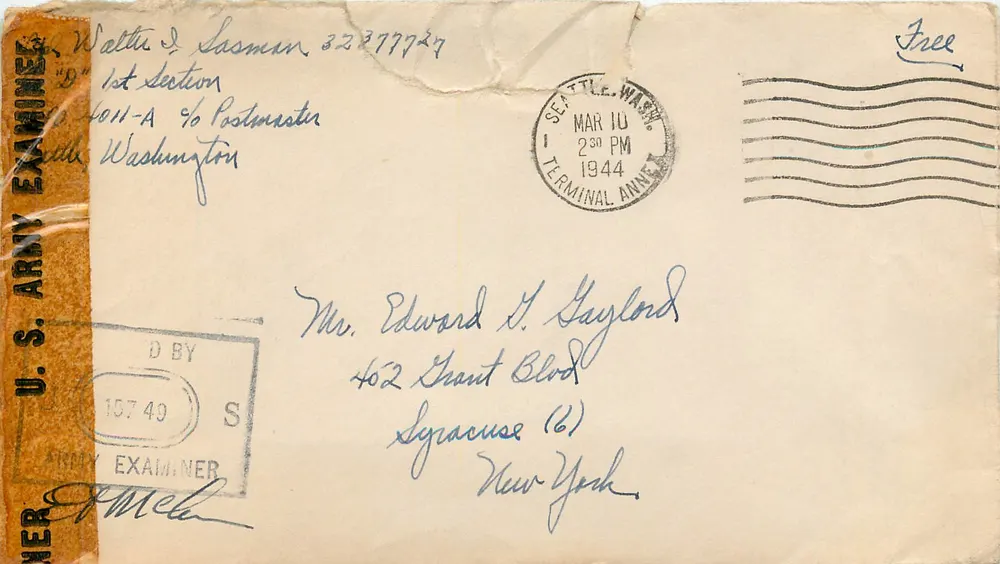 Seattle, Washington — Enveloppe militaire U.S. Army Examiner — datée 10 mars 1944 - Recto