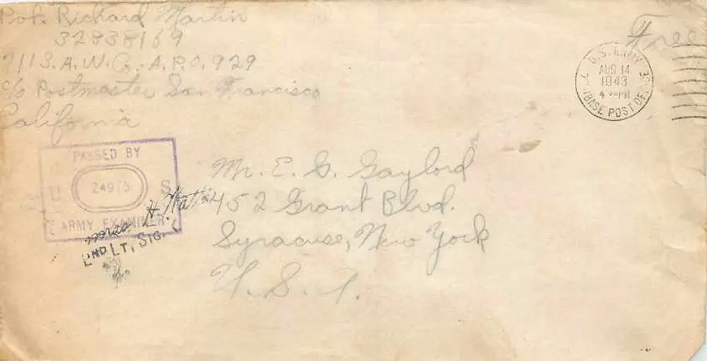 Enveloppe militaire — 14 août 1943 — U.S. Army — éditeur non visible - Recto