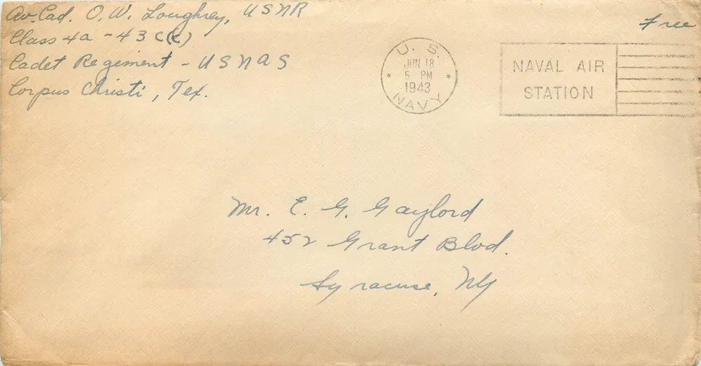 Naval Air Station Corpus Christi — enveloppe postale à destination de Lynracuse, NY — datée 18 juin 1943 - Recto