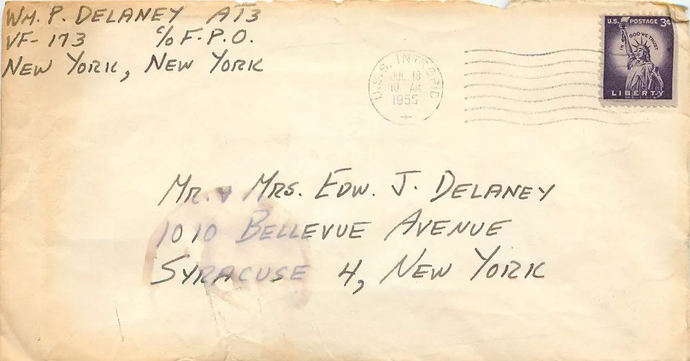 Enveloppe — lettre à Mr. & Mrs. Edw. J. Delaney, Syracuse — timbre 3c Liberté, oblitération New York 10 AM 1955 - Recto