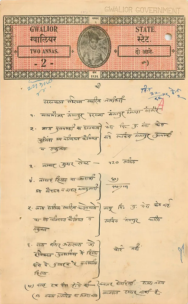 Gwalior State — Zwei Annas — Gwalior Government - Vorderseite