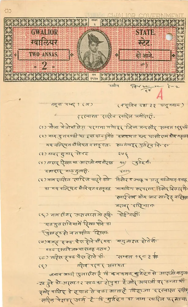 Gwalior State — Zwei Anna — Unbekannter Verlag, Seriennummer 55027 - Vorderseite