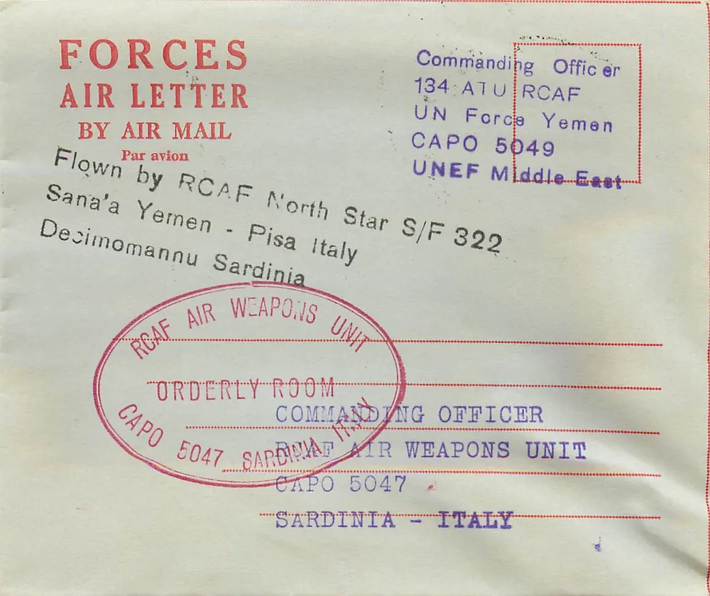 Sana'a, Jemen — Luftpost der kanadischen Luftstreitkräfte — RCAF Luftwaffenabteilung, Sardinien, Italien - Vorderseite