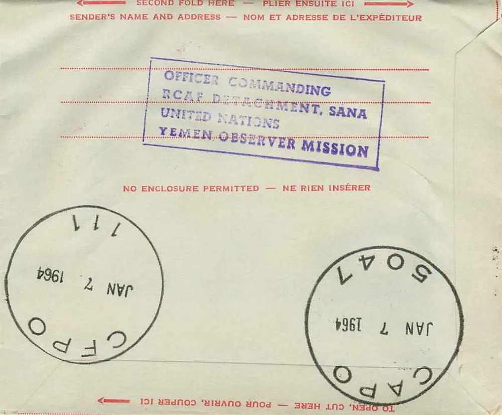 Sana'a, Jemen — Luftpost der kanadischen Luftstreitkräfte — RCAF Luftwaffenabteilung, Sardinien, Italien - Rückseite