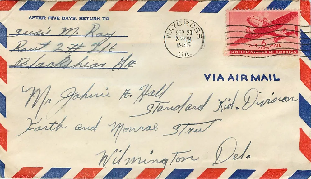 Waycross (GA) — Carta aérea para Wilmington (Delaware) — 6 cents USA — 29 setembro 1945 - Frente