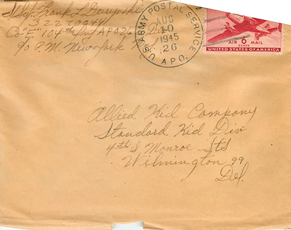 Envelope aérea do Serviço Postal do Exército Americano — 10 de agosto de 1945 — APO 26 - Frente
