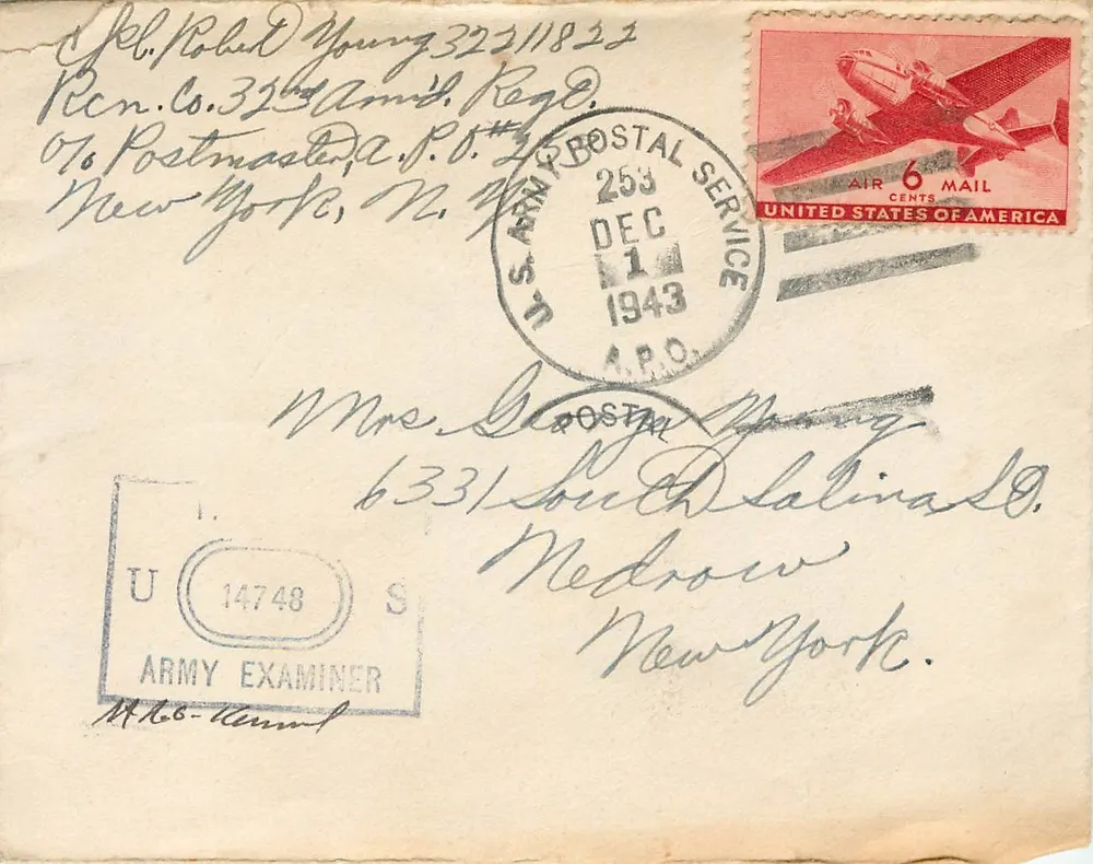 सैन्य पोस्टकार्ड — संयुक्त राज्य अमेरिका — 1 दिसंबर 1943 — यू.एस. आर्मी पोस्टल सर्विस - आगे
