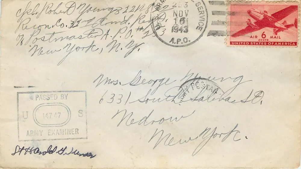 Carta postal militar — A.P.O. 253, Nova Iorque — selo 6 centavos Air Mail USA - Frente