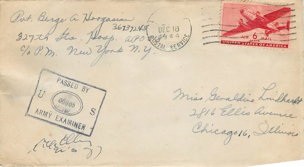 Carte postale aérienne — 6 cents USA — envoyée du 327th Station Hospital à Chicago, Illinois — datée du 18 décembre 1944 - Recto