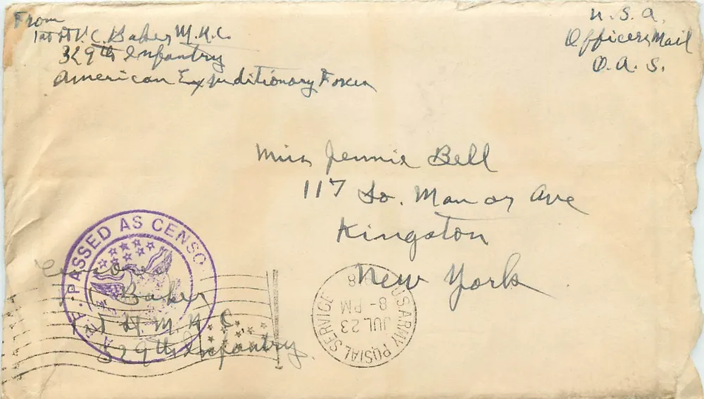 Carta postal militar — 1º Batalhão 329º Infantaria — Estados Unidos — datada 6 de agosto de 1918 - Frente