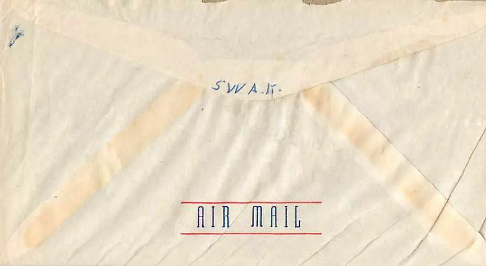 Luchtbriefje — 6 cent U.S. Air Mail — bestemming Mrs. Howard Phillips, San Francisco, Californië - Achterkant