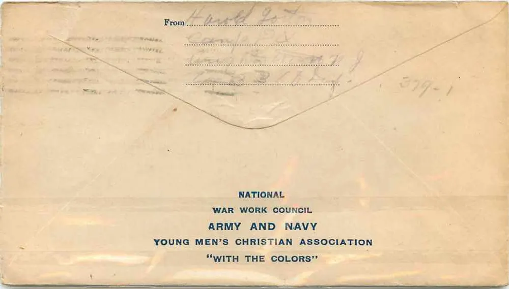 Bandeira americana — Trenton, N.J. — Conselho Nacional de Trabalho de Guerra, Associação Cristã de Moços do Exército e Marinha - Verso