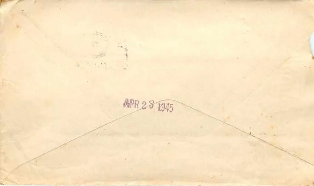 हवाई लेटरबॉक्स — 718, संयुक्त राज्य अमेरिका, 16 अप्रैल 1945 — संयुक्त राज्य अमेरिका के डाक विभाग, हवाई डाक के माध्यम से - पीछे